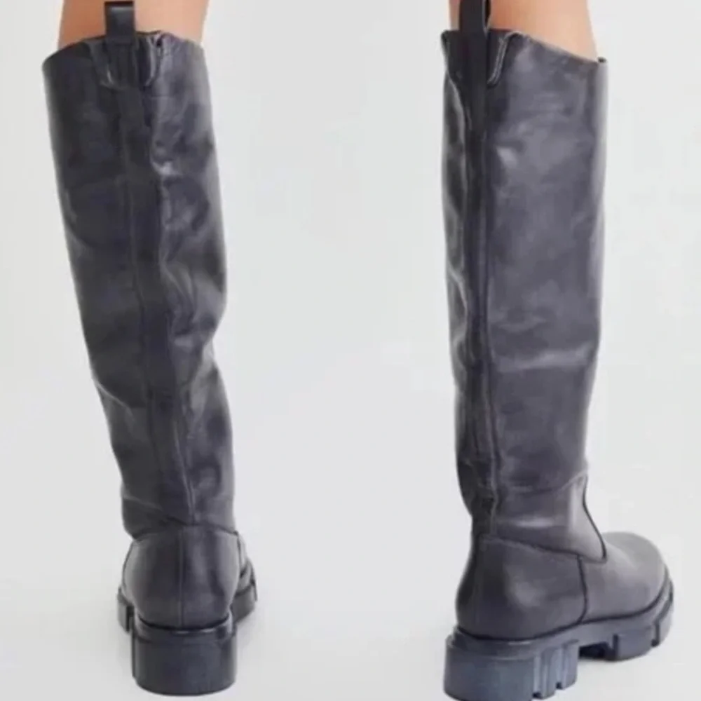 Free People Black Tall Leather Chunky Sole Boots